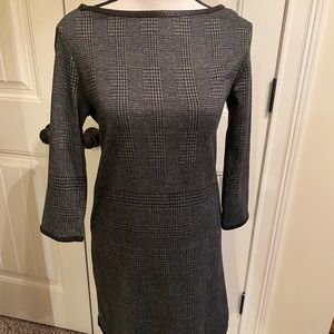Max Studio gray and black herringbone faux leather trim shift dress.